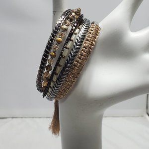 Festive multi color beaded 6pc bracelet / charms & tassel copper, silver, gold